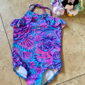 Lilly Pulitzer Blue and Pink Kids Swim One Piece Shells Ruffles